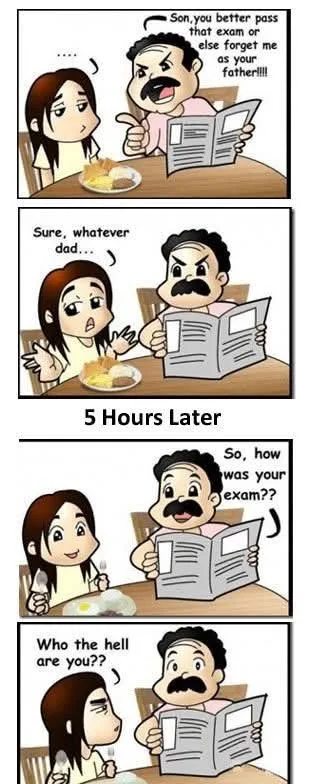 A four-panel comic depicts a father angrily threatening his son to pass an exam, the son reluctantly agreeing, then five…