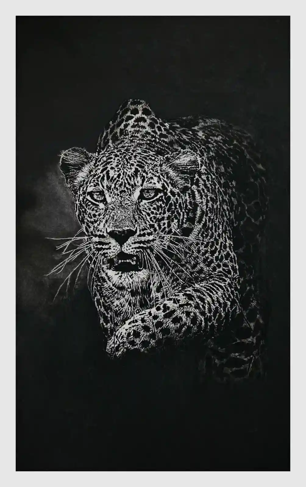 A highly detailed black-and-white charcoal drawing of a leopard's head and shoulders, rendered with intricate shading and…