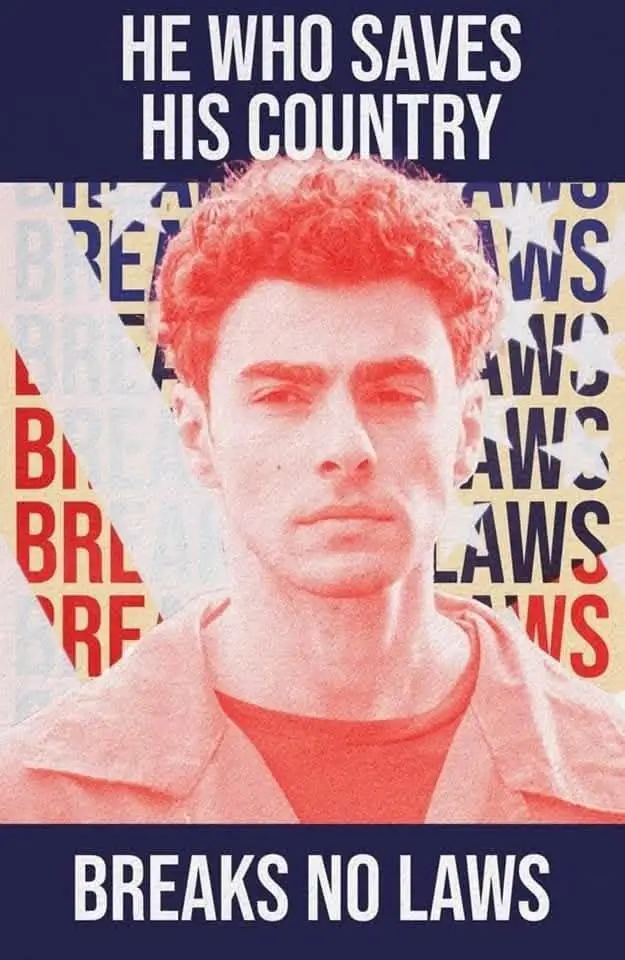 A portrait of a young man with curly hair, overlaid with the text 'HE WHO SAVES HIS COUNTRY' at the top and 'BREAKS NO LAWS'…