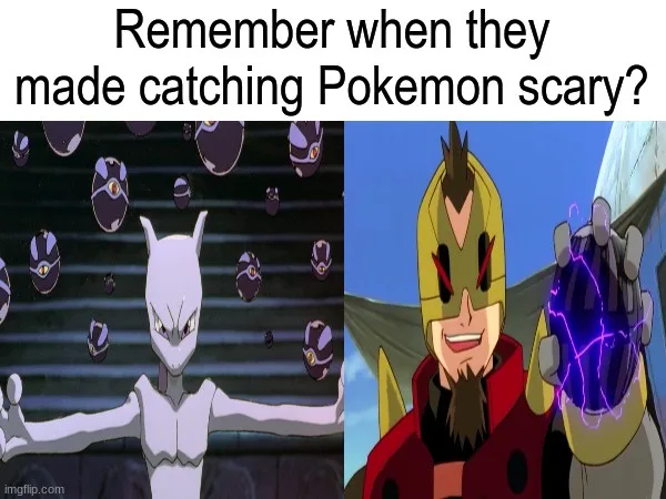 The image is split into two panels. The left panel shows the Pokémon Mewtwo surrounded by many small, floating, dark purple…