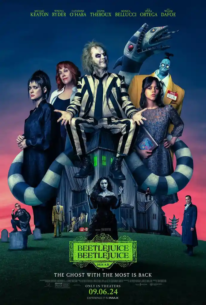 This is the official movie poster for the 2024 film 'Beetlejuice Beetlejuice,' featuring the main cast including Michael…