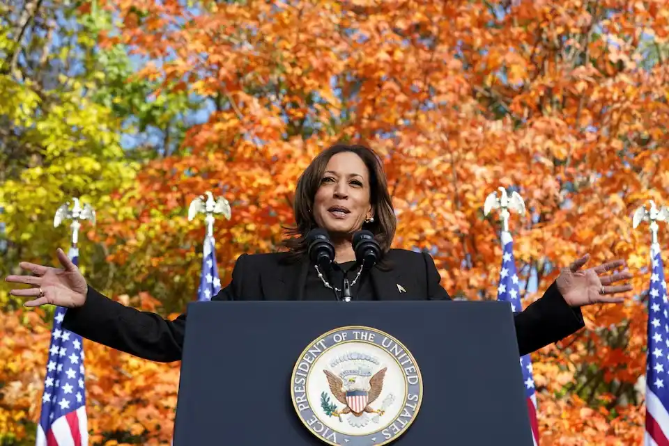 A woman stands behind a podium bearing the seal of the Vice President of the United States, with her arms spread wide in a…