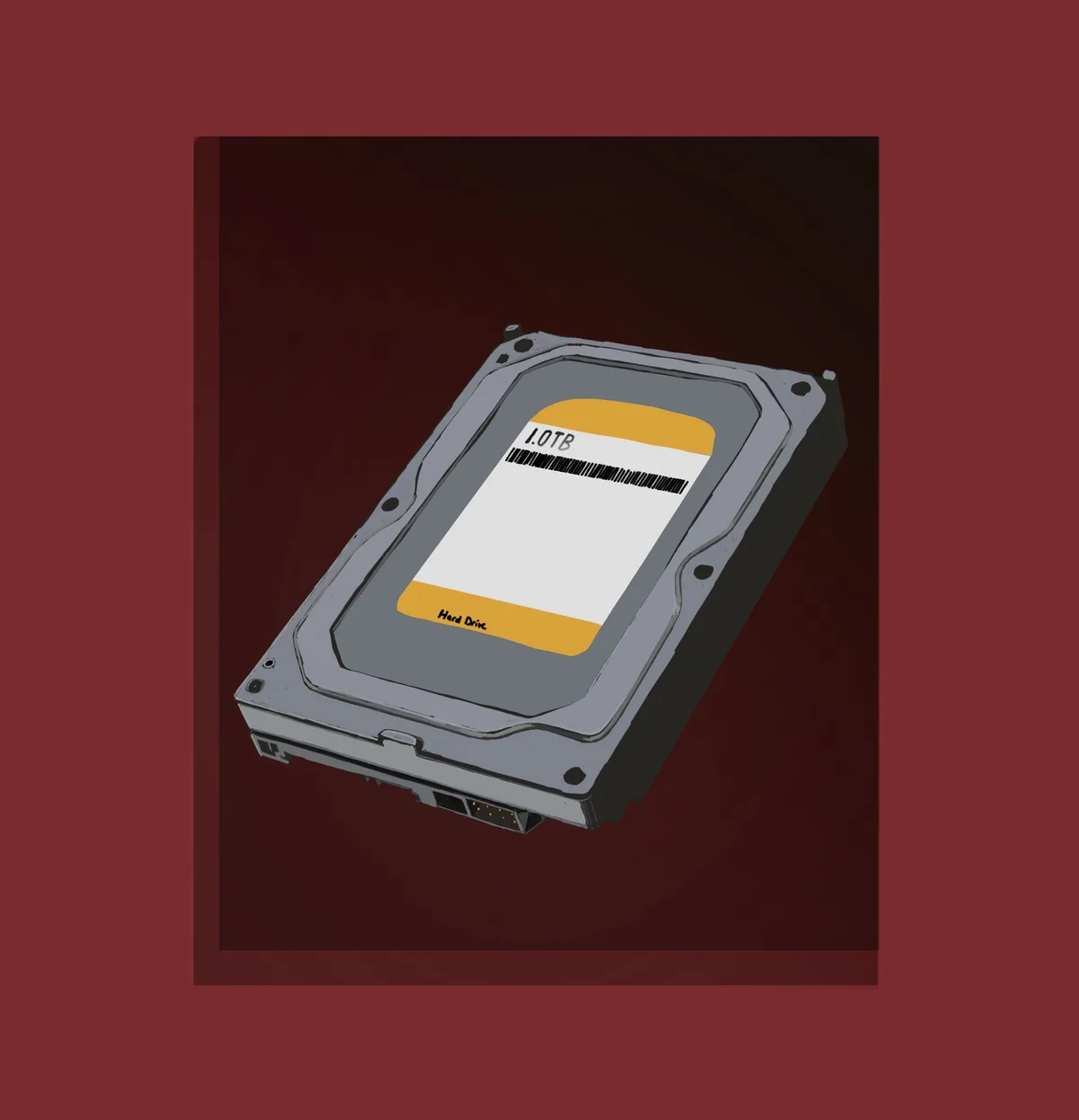 A stylized illustration of a 1.0TB hard drive with a barcode label, set against a dark red background. The label clearly…