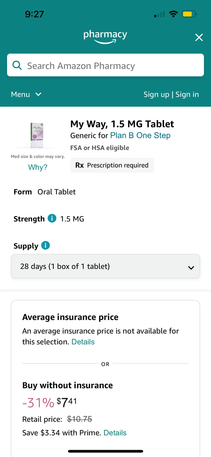 A screenshot of an Amazon Pharmacy product page for 'My Way, 1.5 MG Tablet', a generic version of Plan B One Step, which…