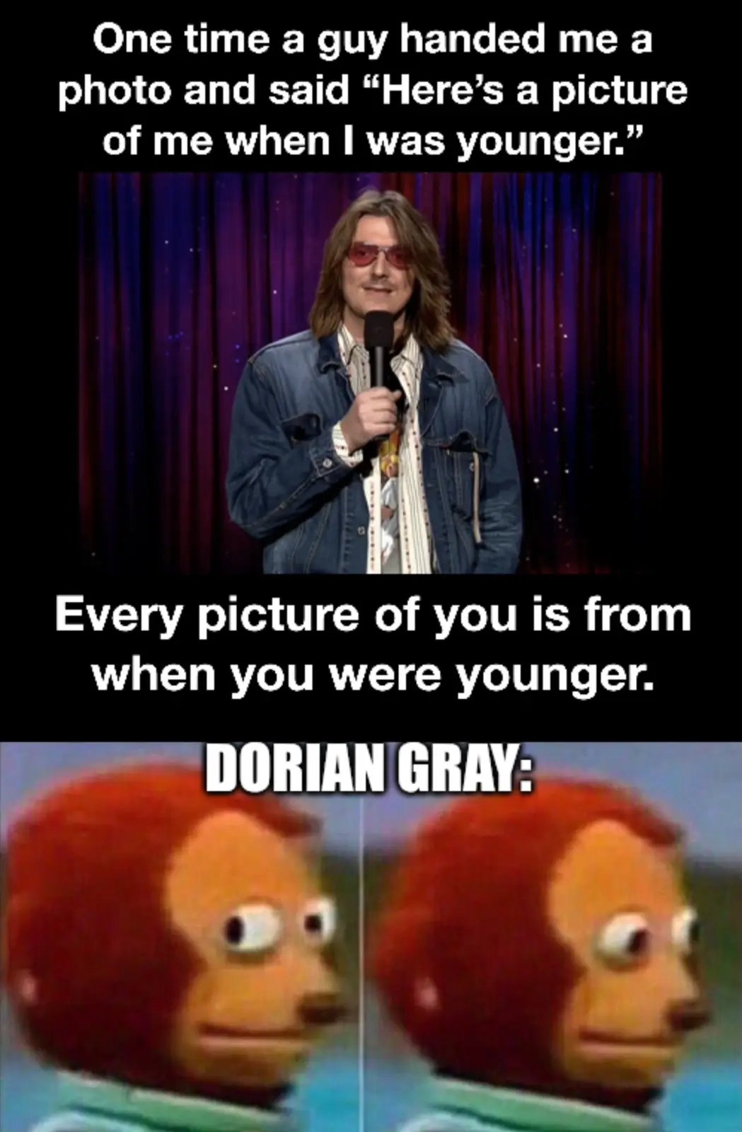 The meme features two images: the top shows comedian/musician Jack Black in a denim jacket and red sunglasses holding a…
