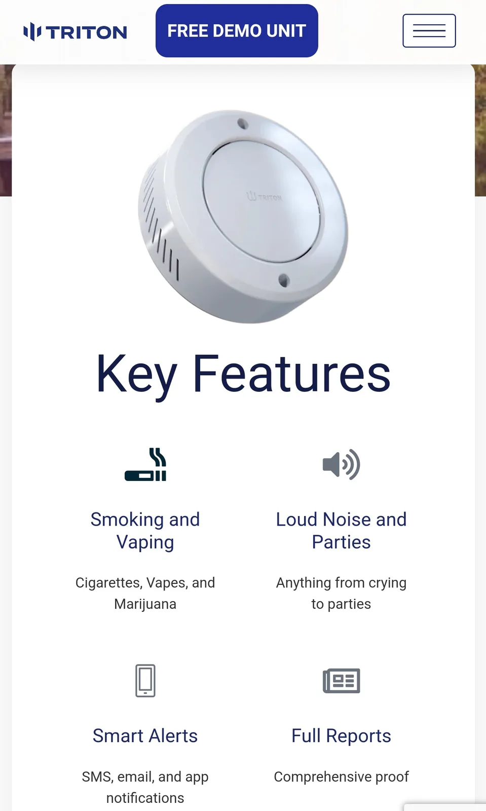 A screenshot of a Triton device's webpage listing 'Key Features' including detecting smoking/vaping and loud noise, with…