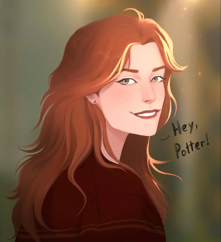 An illustrated portrait of a young woman with long, wavy red hair and freckles, wearing a dark red sweater, smiling gently…