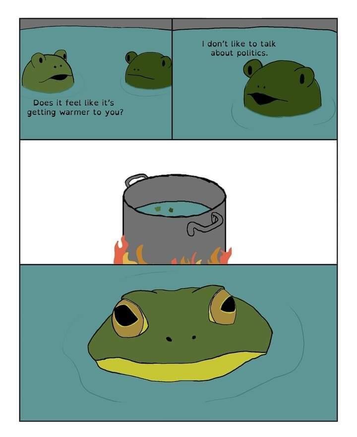 A four-panel comic strip featuring cartoon frogs. In the first panel, one frog asks another if it feels warmer. The second…