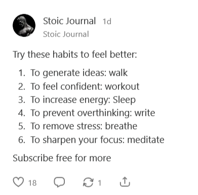 A screenshot of a social media post from 'Stoic Journal' listing six habits to feel better, each paired with a simple action…
