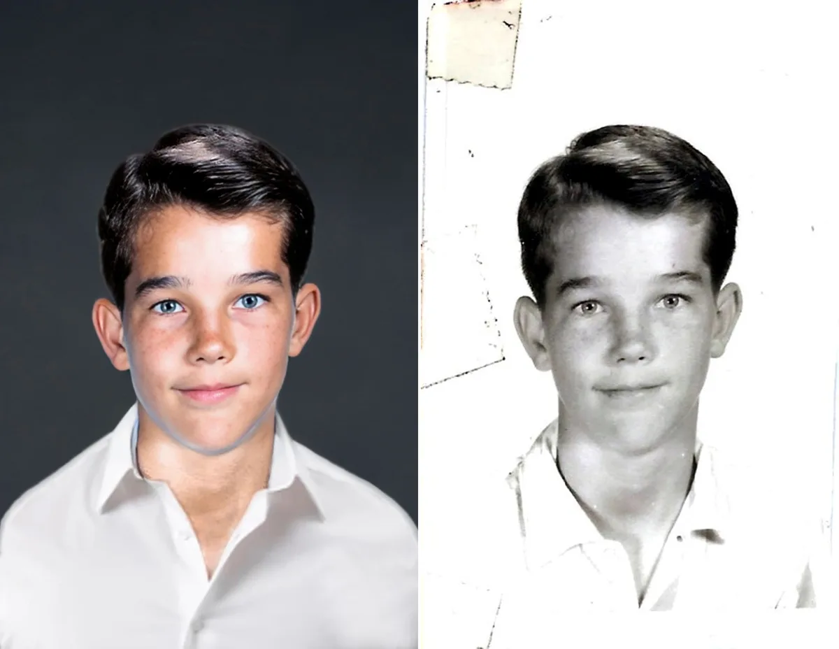 The image displays two side-by-side photos of the same young boy. The left photo is a color portrait with a dark background…
