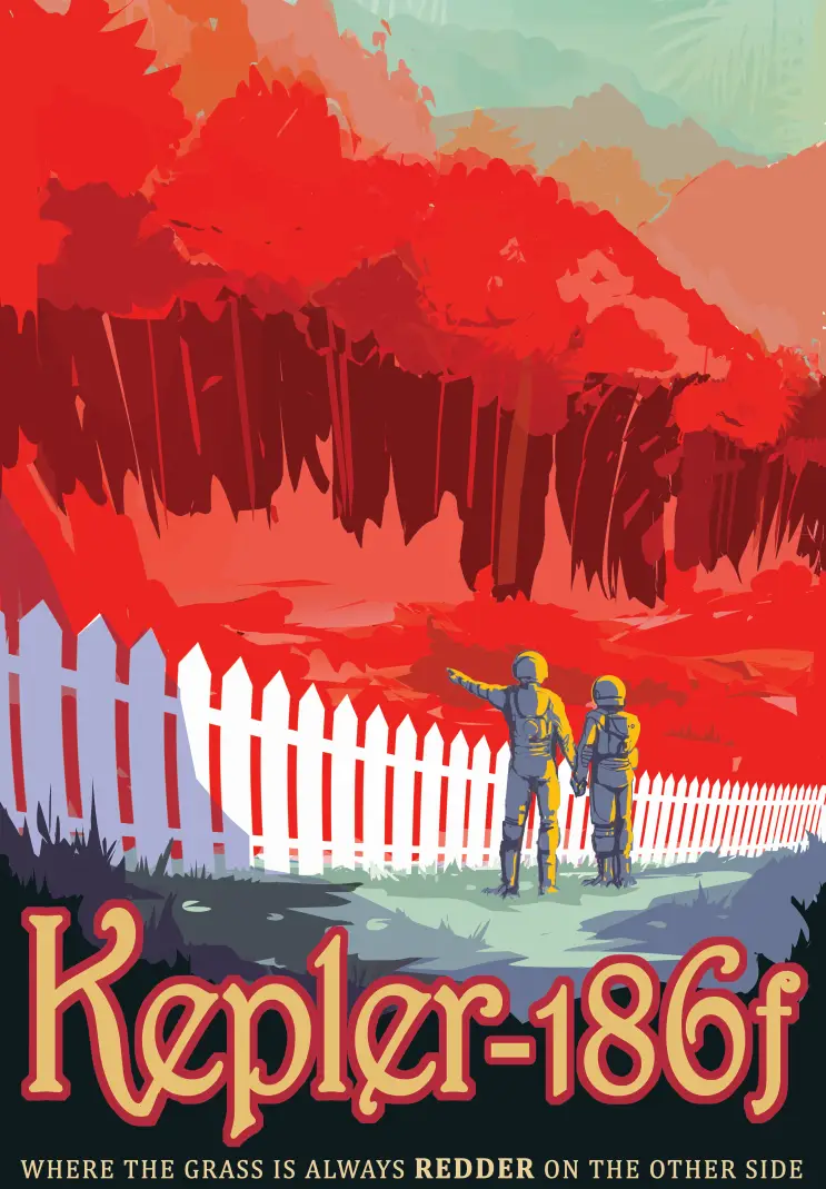 Two astronauts in yellow suits stand behind a white picket fence, gazing at a vast, fiery red landscape. The image is styled…