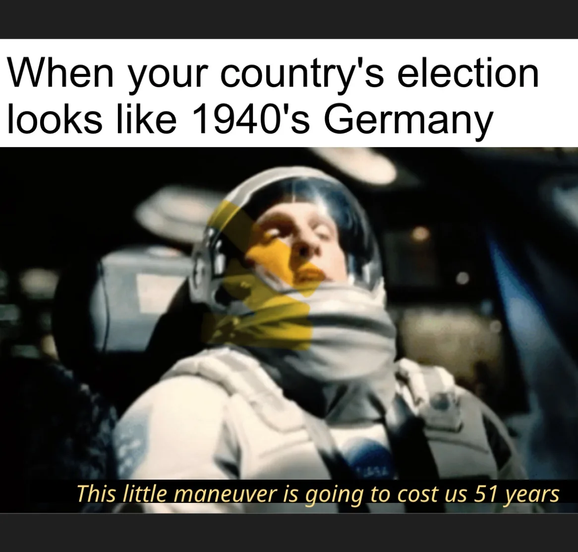 An astronaut in a white spacesuit with a helmet is shown looking upwards with a weary expression. A yellow and black Nazi…