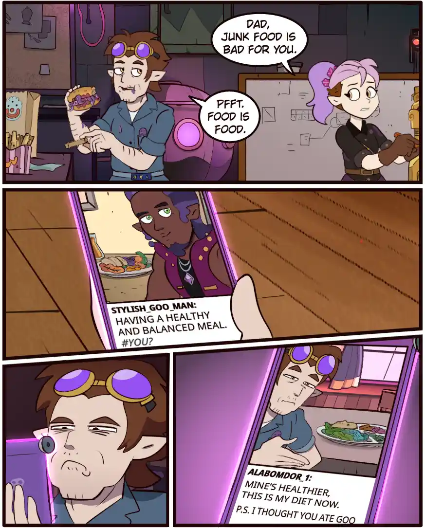 A three-panel comic shows a man eating junk food while his daughter scolds him. He dismisses her, then checks his phone for…
