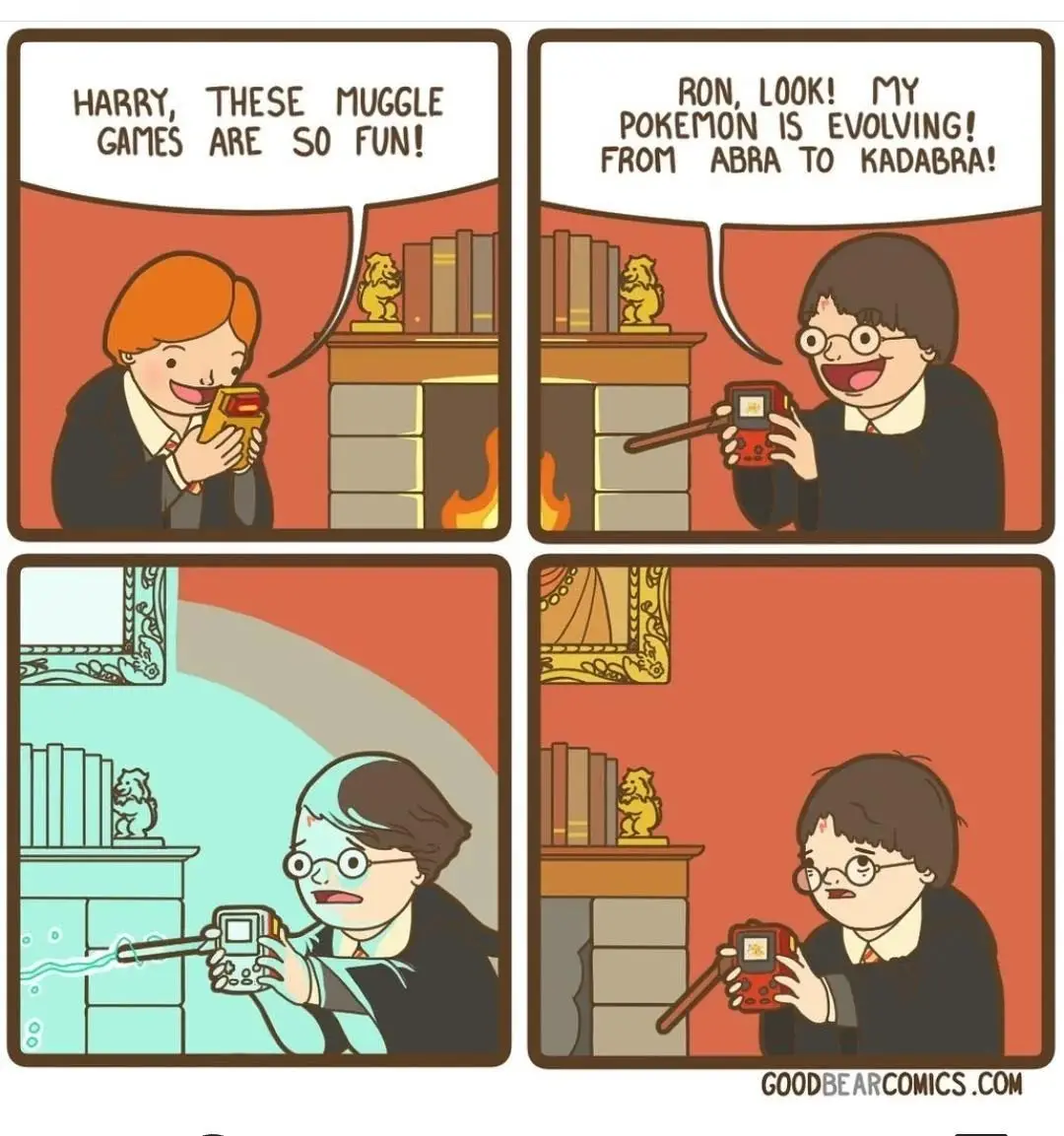A four-panel comic strip shows Harry Potter and Ron Weasley playing handheld video games. In the first panel, Ron excitedly…