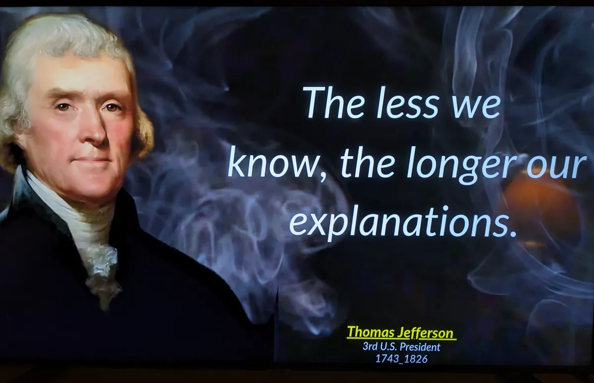 A portrait of Thomas Jefferson, the third U.S. President, is shown against a smoky background with overlaid text that reads…