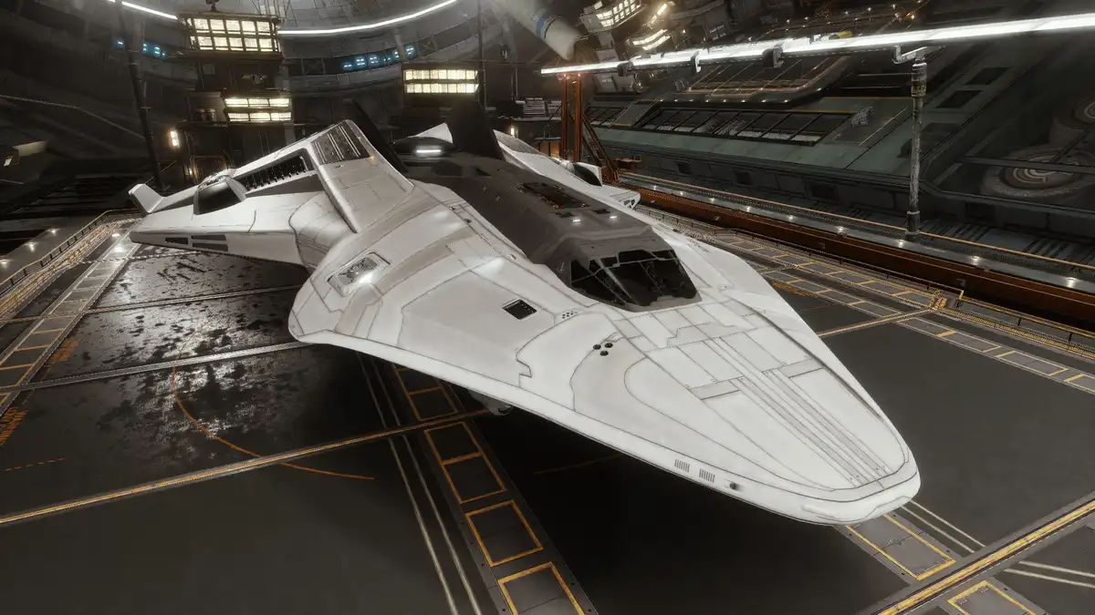 A sleek, white futuristic spaceship is parked inside a large, industrial-looking hangar with metallic floors and overhead…