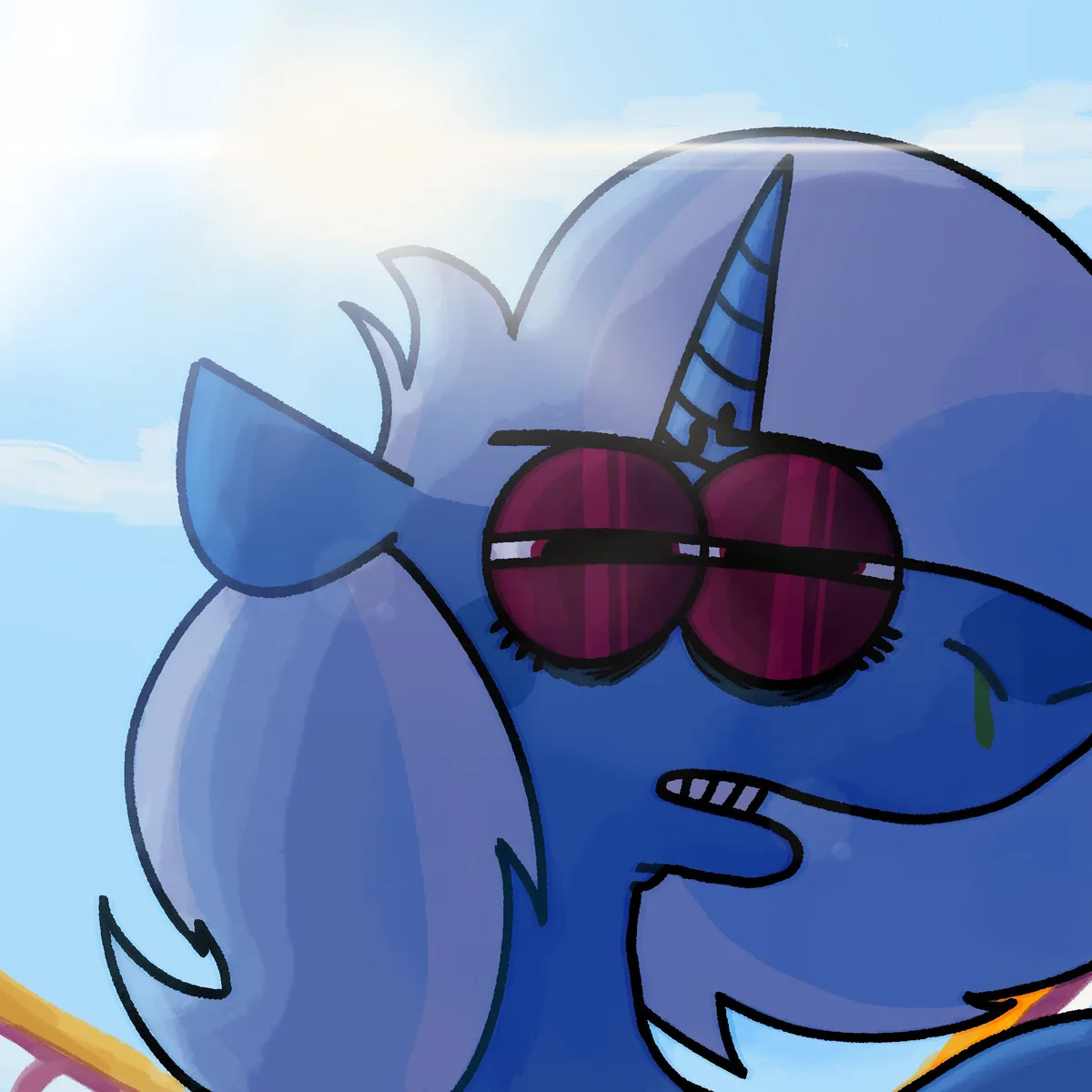 A cartoon blue narwhal with a spiral tusk wears oversized red sunglasses and has a single green tear rolling down its cheek…