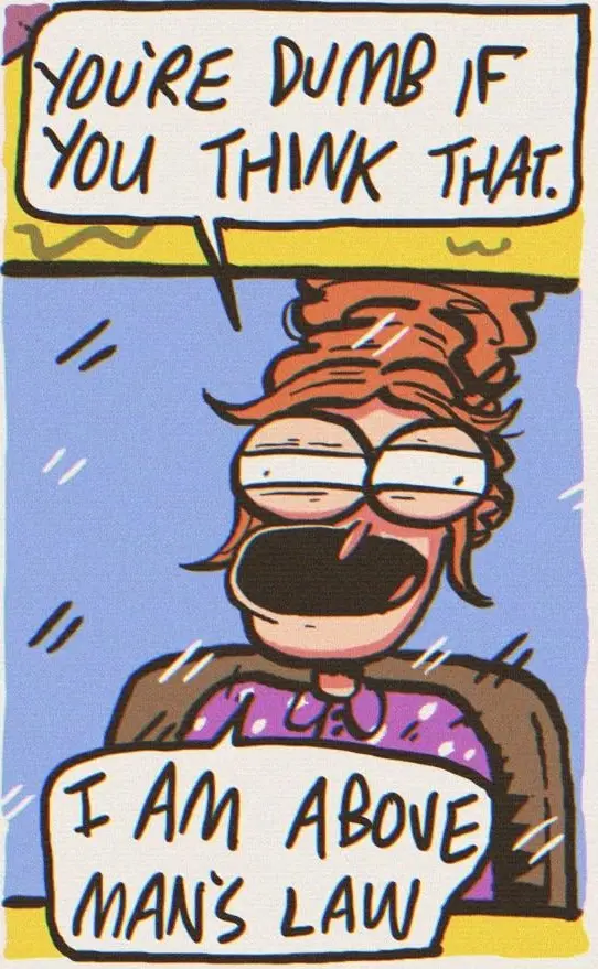 A cartoon character with wild red hair and glasses, mouth wide open in a shout, is depicted with two speech bubbles. The top…