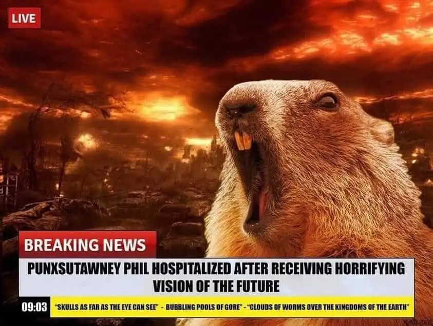 A groundhog is shown in a dramatic, apocalyptic setting with fiery skies and ruined landscape, overlaid with a news…