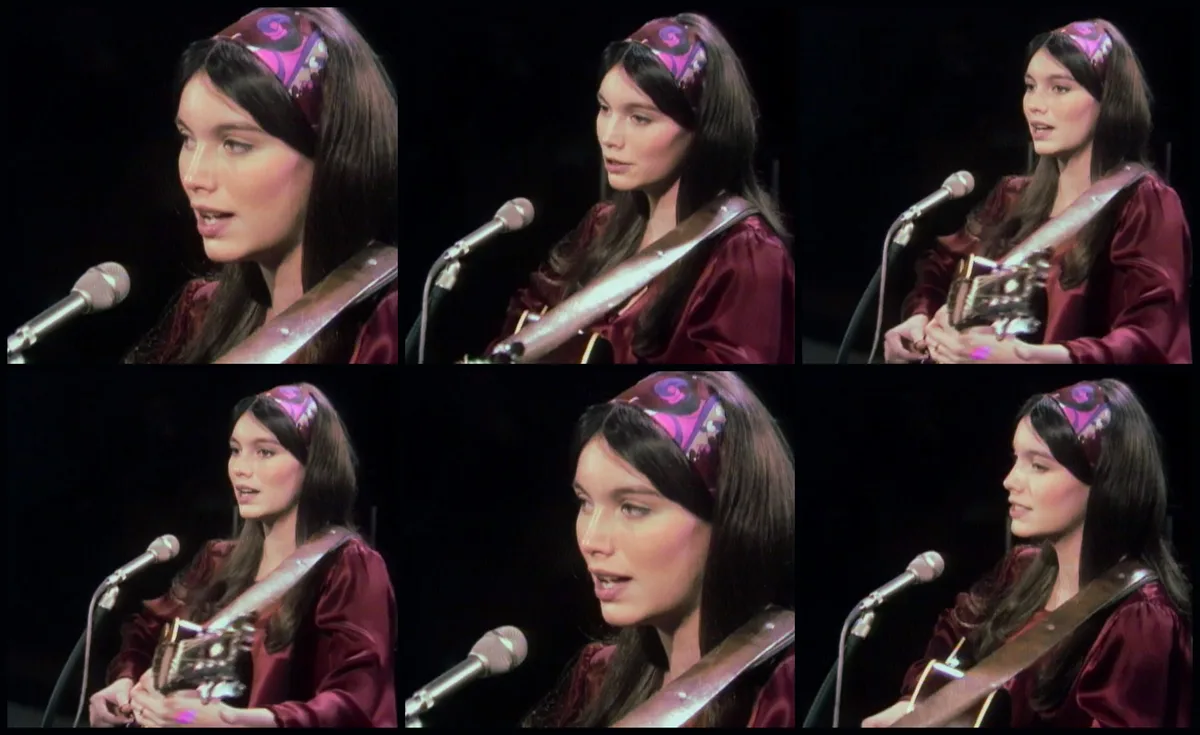 A six-panel image collage shows a young woman with long dark hair and a patterned headband, wearing a maroon satin top and…