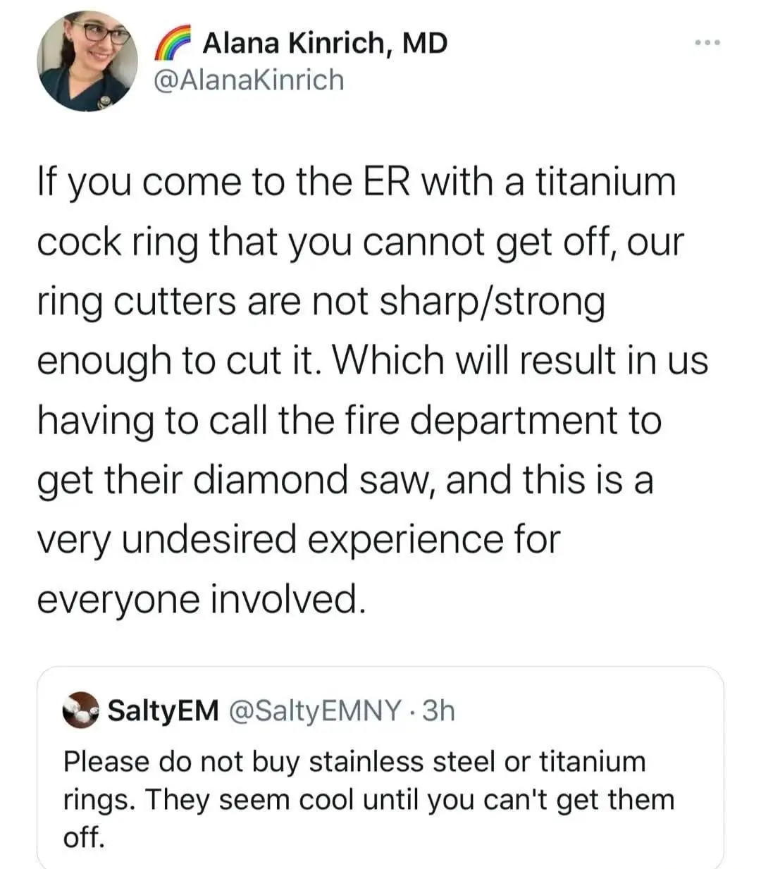 A screenshot of a tweet by Dr. Alana Kinrich, MD, explaining that ER ring cutters can't cut titanium cock rings, requiring…