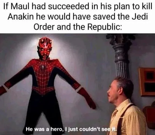A man in a yellow shirt and suspenders looks up at a large, full-body image of Darth Maul wearing a red and blue Spider-Man…