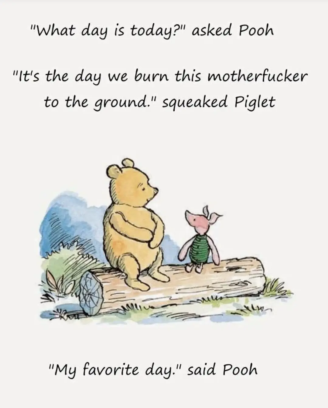 A classic Winnie the Pooh illustration shows Pooh Bear and Piglet sitting on a log. The overlaid text presents a darkly…