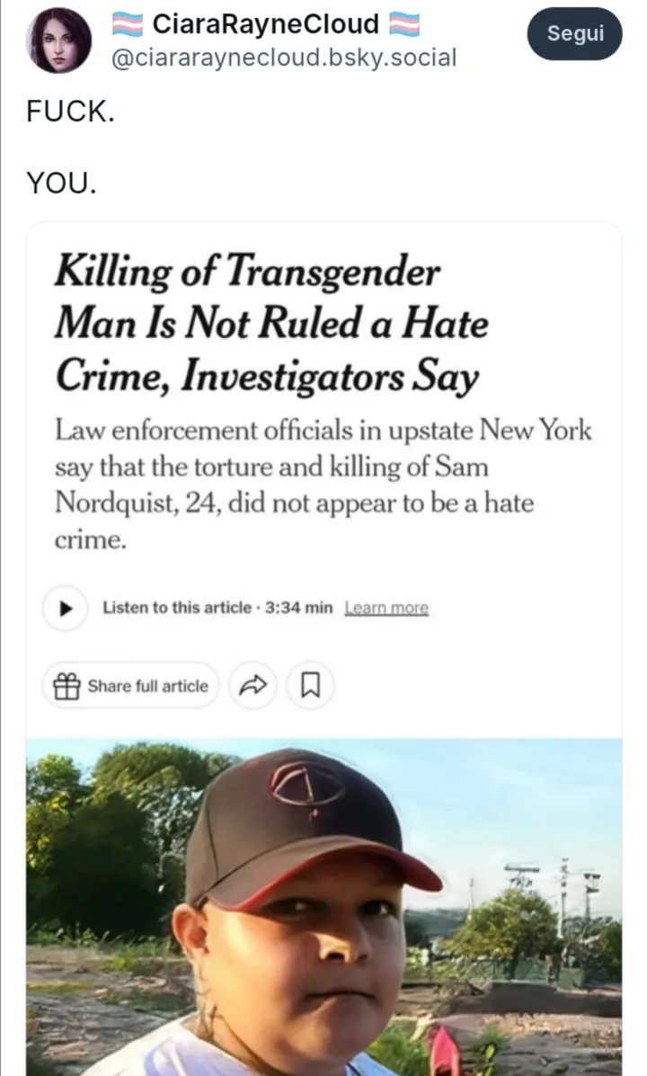 A screenshot of a social media post by CiaraRayneCloud showing a news article headline about the killing of Sam Nordquist…