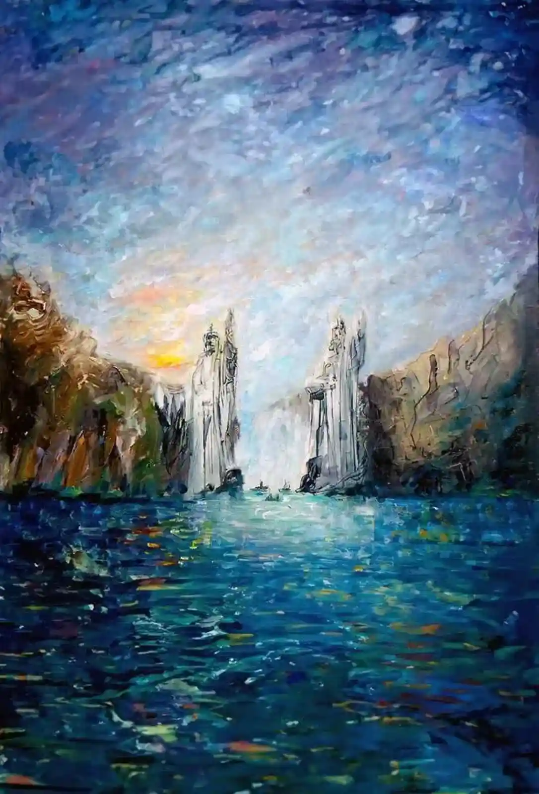 A painting depicts a serene, impressionistic scene of a body of water with two tall, white, statue-like figures standing on…