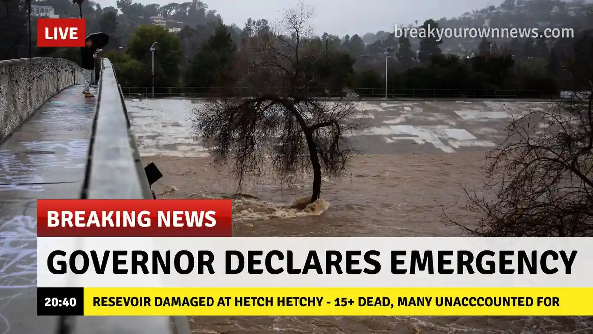 A flooded urban area with murky water covering roads and partially submerging a tree, overlaid with fake breaking news…