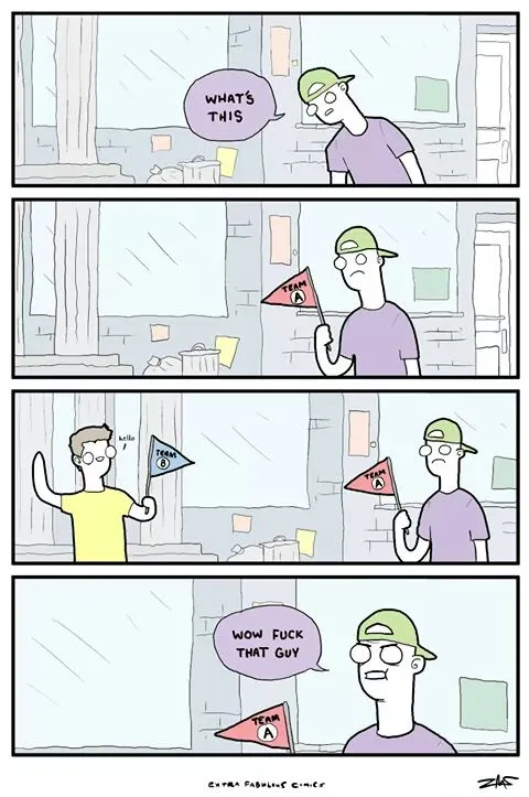 A four-panel comic strip shows a man in a green cap holding a red 'TEAM A' flag, asking 'WHAT'S THIS?' Another man in a…