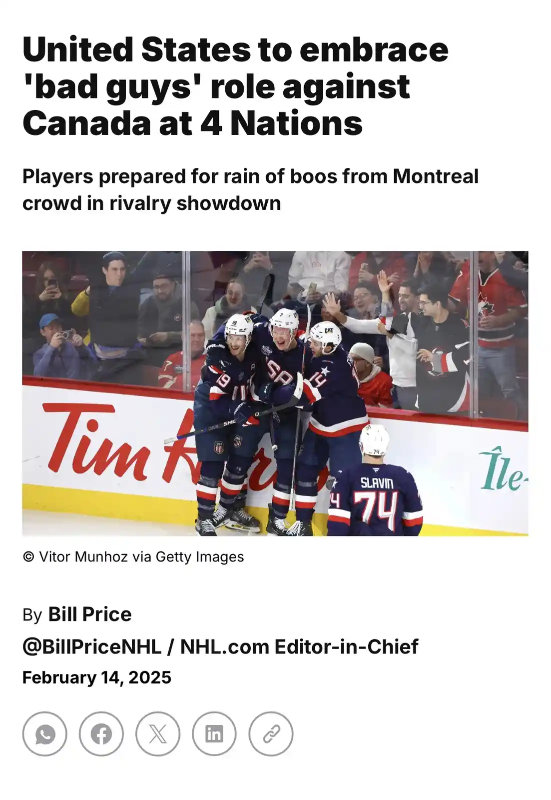 A newspaper article screenshot shows three USA hockey players celebrating near the boards, with a crowd of fans visible…