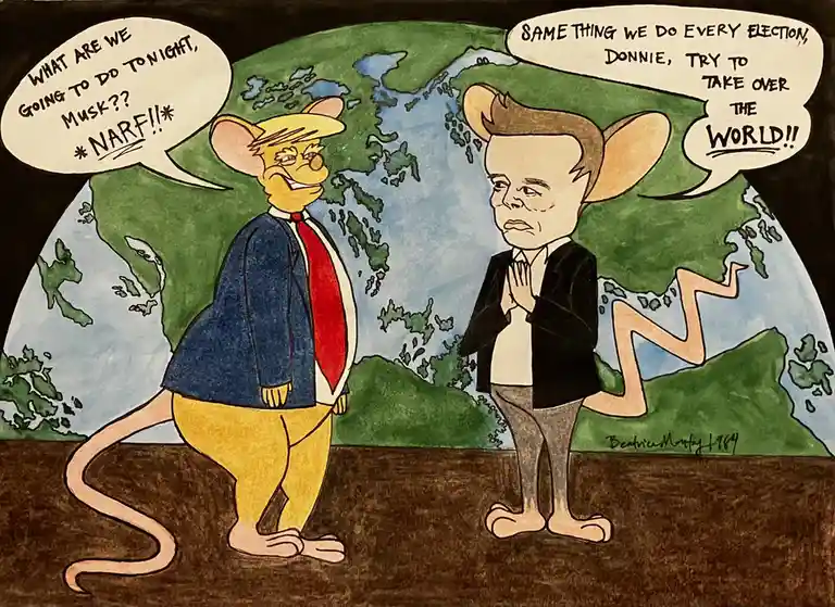 Two anthropomorphic mice stand before a globe, one in a blue suit with red tie and yellow hair, the other in a black suit…