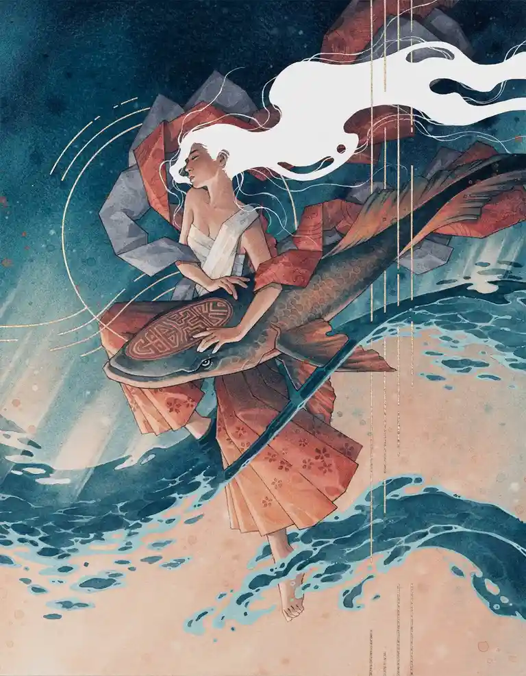An artistic illustration depicts a woman with long white hair, wearing a traditional Japanese kimono, riding a large koi…