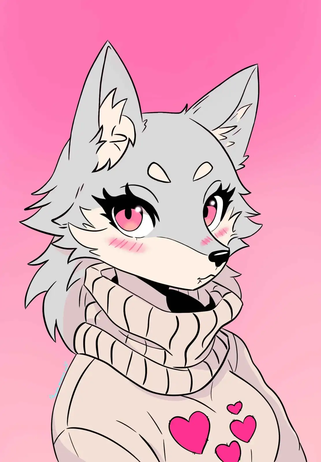 A cartoon-style gray wolf with pink eyes and blush marks looks slightly to the side, wearing a light-colored sweater with…