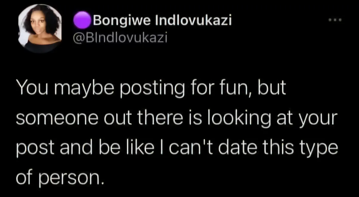 A screenshot of a social media post by Bongiwe Indlovukazi, featuring her profile picture and handle, with overlaid text…