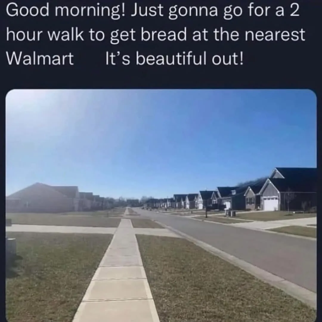 A photo shows a long, straight sidewalk in a suburban neighborhood under a clear blue sky, flanked by rows of identical…