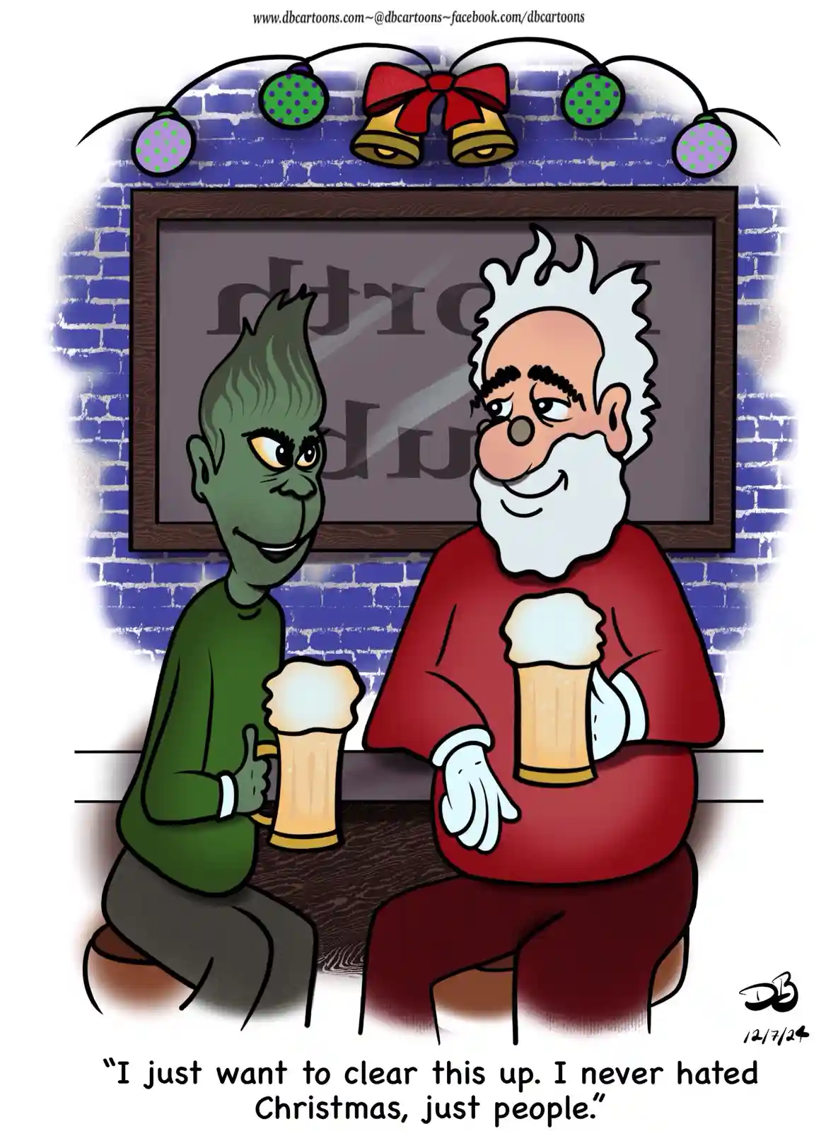 A cartoon depicts the Grinch and Santa Claus sitting at a bar, each holding a beer mug. Above them, festive Christmas lights…