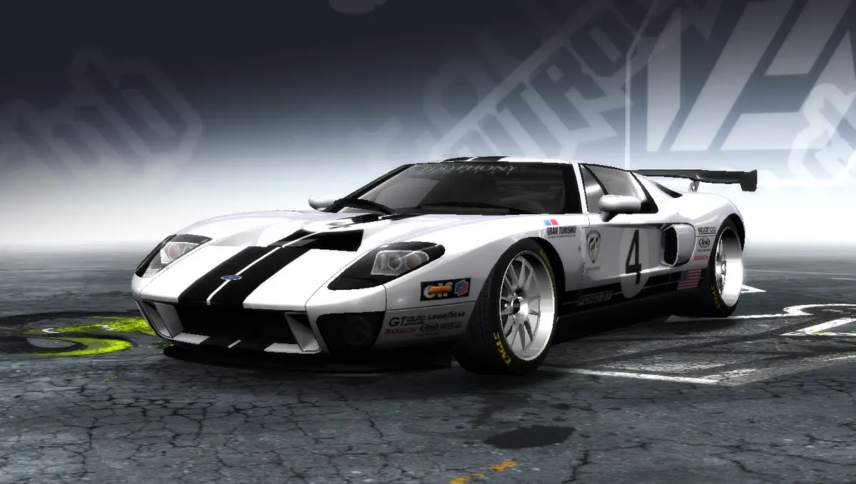 A white Ford GT race car with black racing stripes and sponsor logos like Bosch and Goodyear is shown on a cracked asphalt…