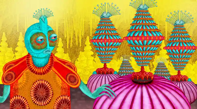 A surreal, brightly colored illustration features a turquoise alien-like figure with large, detailed eyes and a crown of…