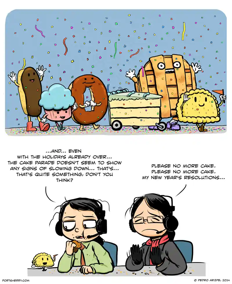 An illustrated comic strip shows five anthropomorphic desserts — a hot dog, cupcake, donut, cake on a cart, and taco…