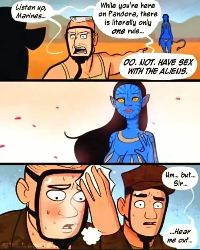 A three-panel comic strip shows a Marine officer giving a stern warning to his troops on Pandora: 'DO. NOT. HAVE SEX WITH…