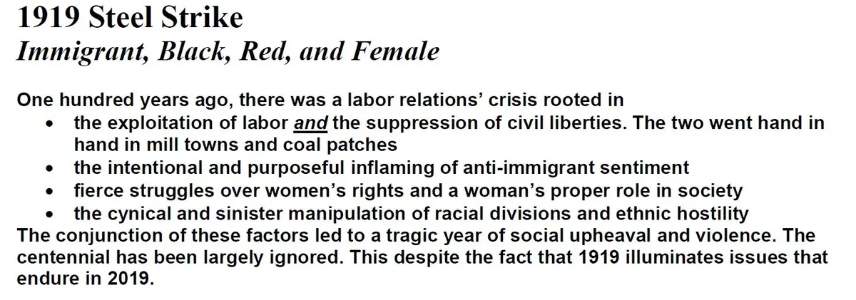 A black-and-white text-based image presents a historical analysis of the 1919 Steel Strike, listing key factors like…