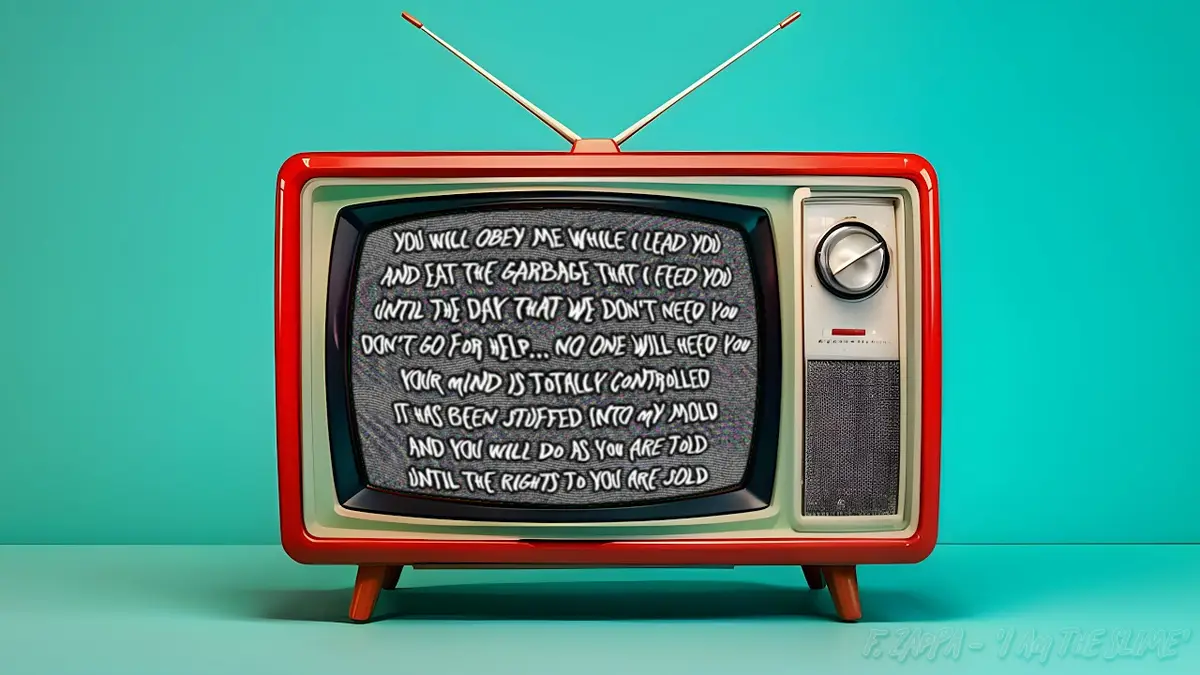 A vintage red television set with rabbit ears sits against a teal background, its screen displaying a block of white text…