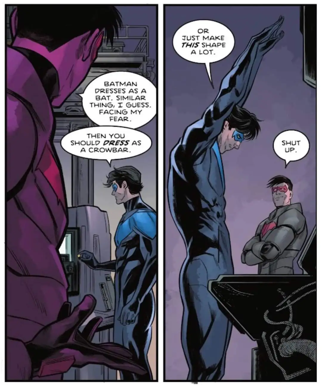 A two-panel comic strip featuring Batman and Nightwing. In the first panel, Nightwing says Batman dresses as a bat to face…