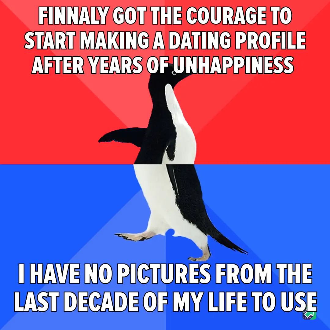 A penguin stands upright against a red and blue background, split horizontally. The top text reads 'FINNALY GOT THE COURAGE…