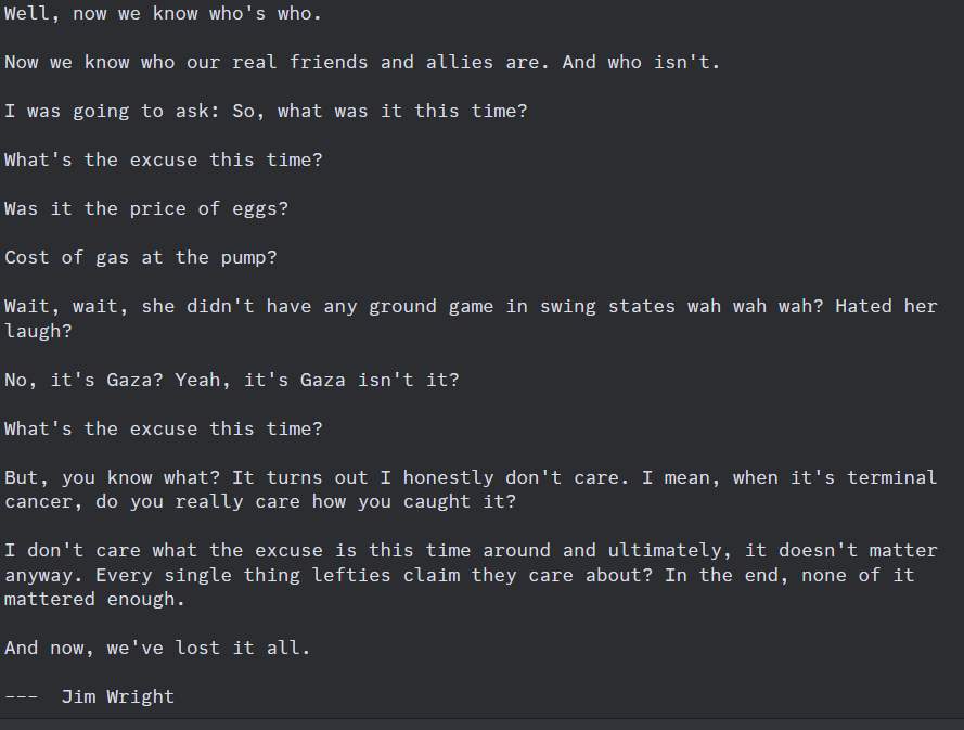 A dark gray background displays white text in a monospaced font, presenting a lengthy quote attributed to Jim Wright. The…