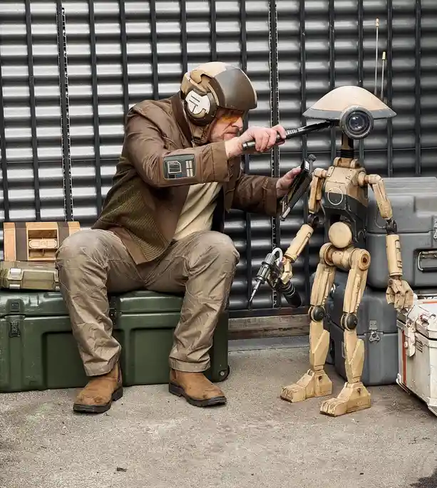 A man in Star Wars-style pilot gear, sitting on a green crate, uses a tool to repair a small, beige, dome-headed robot…
