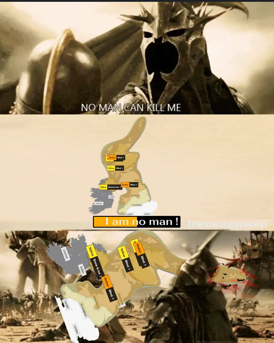 The image is a three-panel meme. The top panel shows a menacing, masked figure with the text 'NO MAN CAN KILL ME'. The…