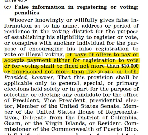 A legal text excerpt from Title 42, Section c, detailing penalties for false information in voter registration or voting…